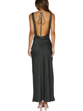 Women's Black Cowl Neck Summer Satin Backless Sleeveless Elegant Maxi Dress